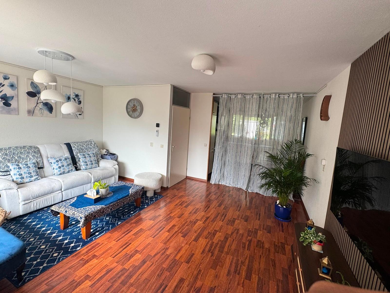 Wood floors and blue textiles with a cobalt plant pot
